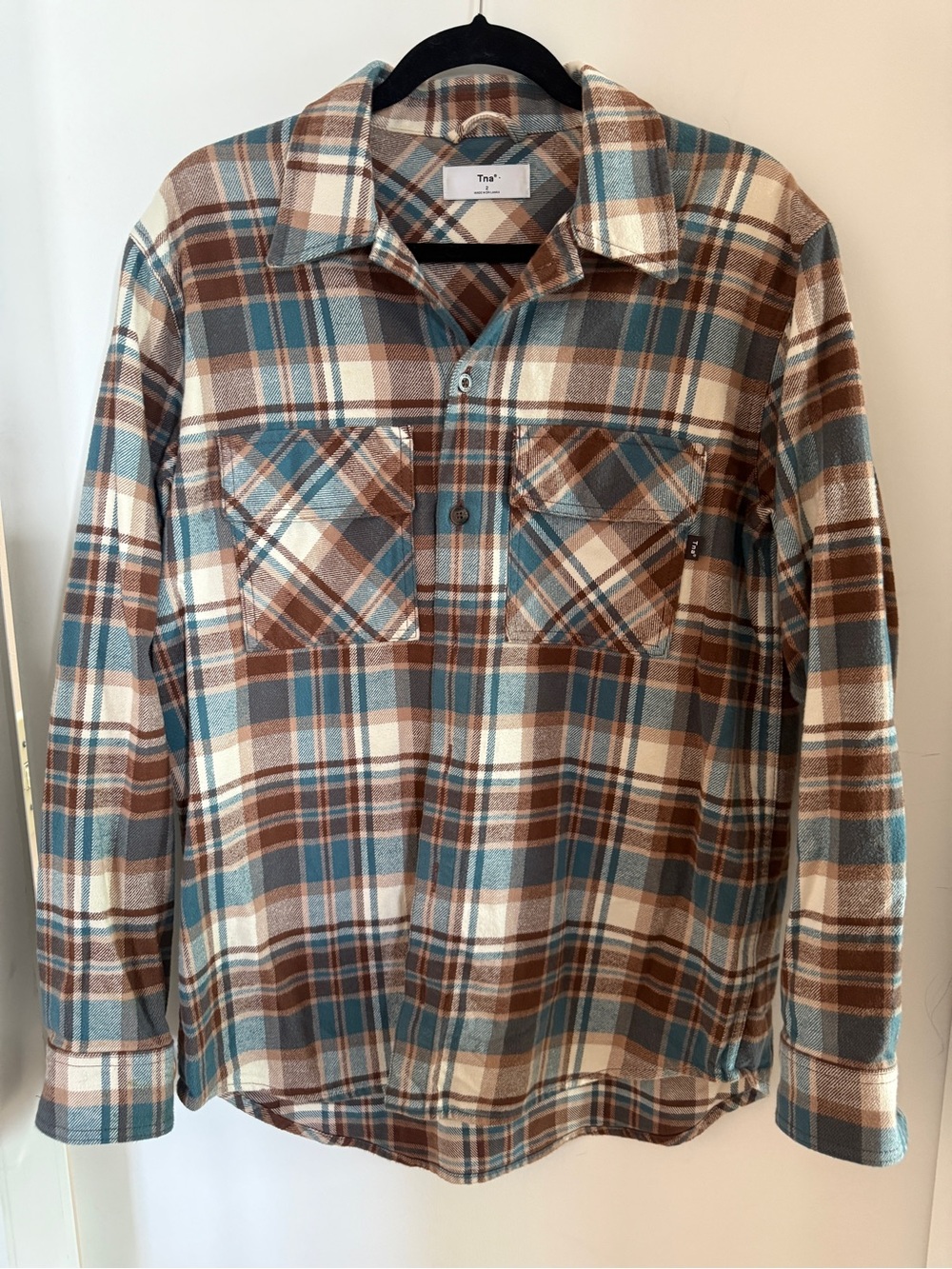 Tna Organic Cotton Plaid Shacket Overshirt Teal Brown Cottagecore Size 2 L/XL